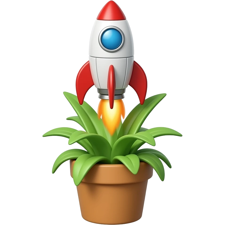 A space rocket takes off from a stylish plant pot with bright, modern colors. emoji