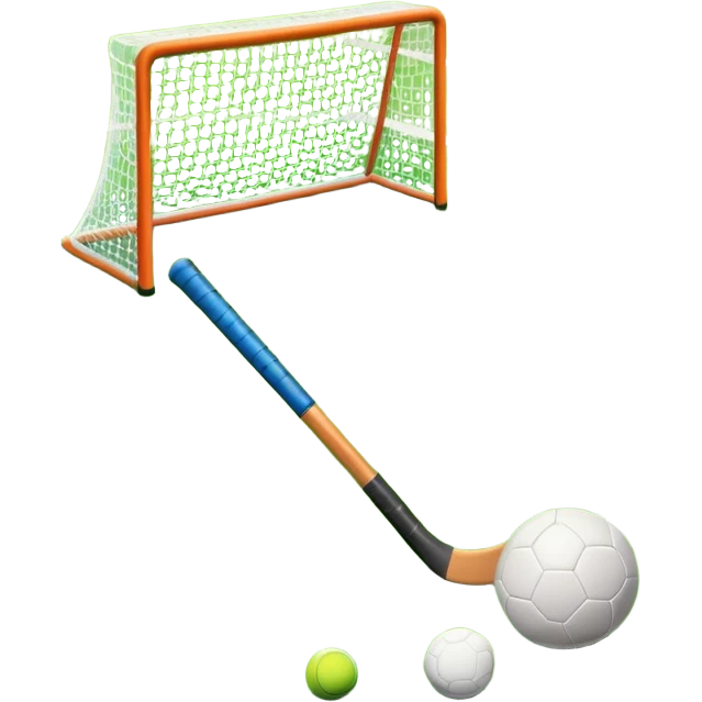 A field hockey stick and ball resting on a well-maintained green grass field, with the goalposts and markings visible in the background. The scene highlights the precision and focus of the grass facture, with the vibrant green pitch creating a dynamic atmosphere. emoji