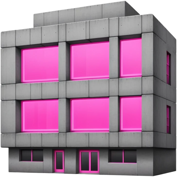 Concrete block building in brutalist style with one pink neon window and several standard windows emoji