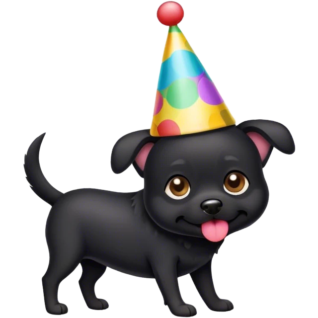 Small black dog wearing a party hat emoji