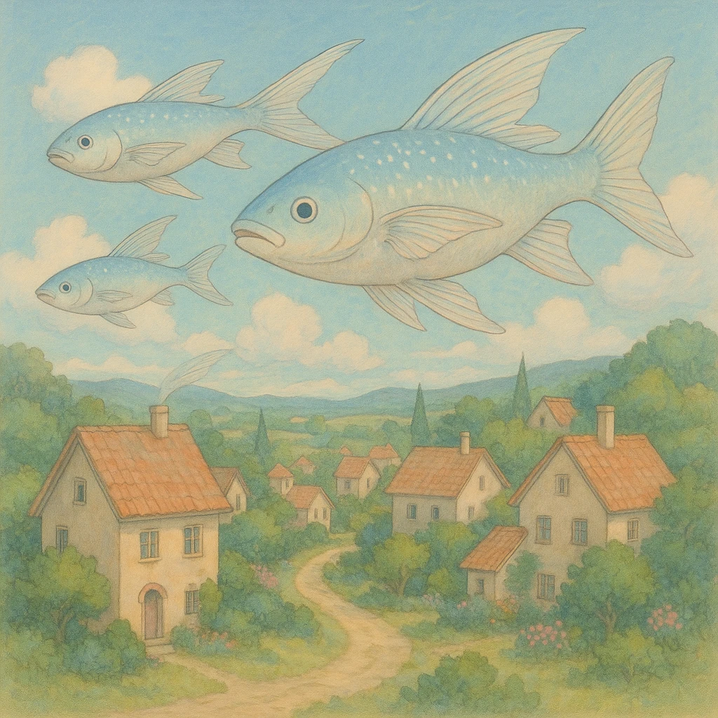 ghibli style flying fish above a village, serene, detailed, pastel colors emoji