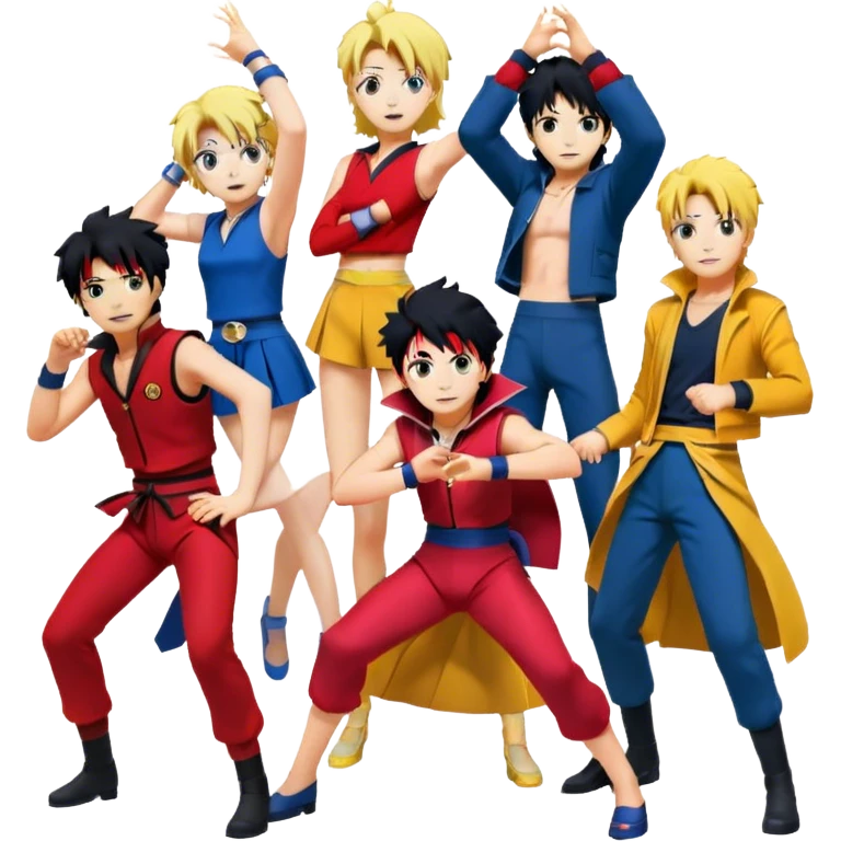 Icon for Anime Collage: Characters from Cowboy Bebop, Naruto, Bishoujo Senshi Sailor Moon and Kimetsu no Yaiba, each in their iconic poses and vibrant outfits, blended together with dynamic backgrounds. Transparent background. emoji