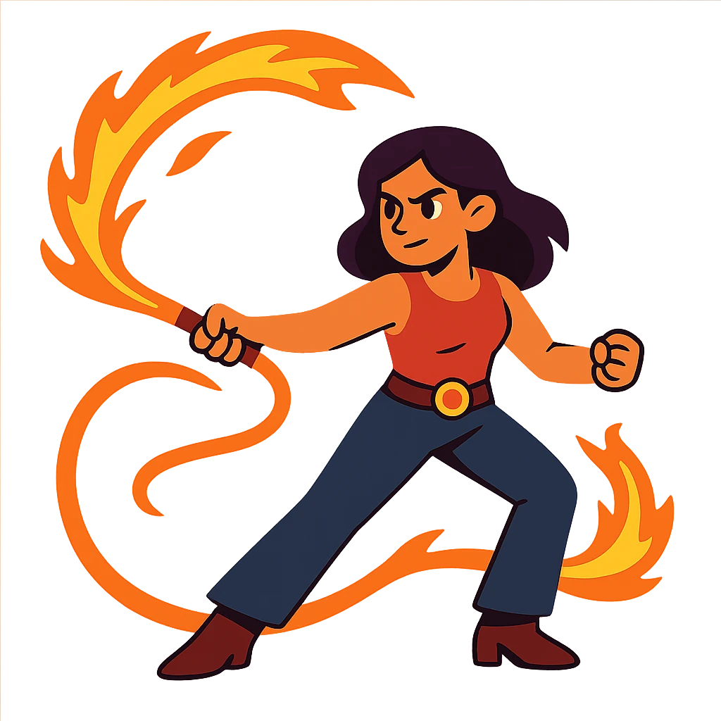 flat toon style woman with a fire whip, bold colors emoji