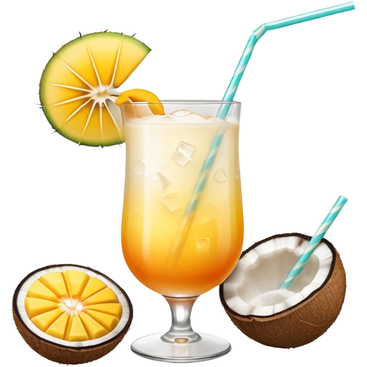 A beautiful cocktail with a creamy white to orange gradient, containing coconut juice and mango, reminiscent of summer. Above, there are tropical flowers, lemon slices, and a straws. emoji
