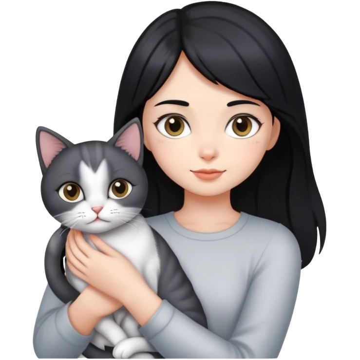 A black-haired girl holding a silver-colored cat emoji