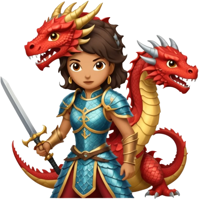a fierce Latina in armor sword fighting a dragon emoji