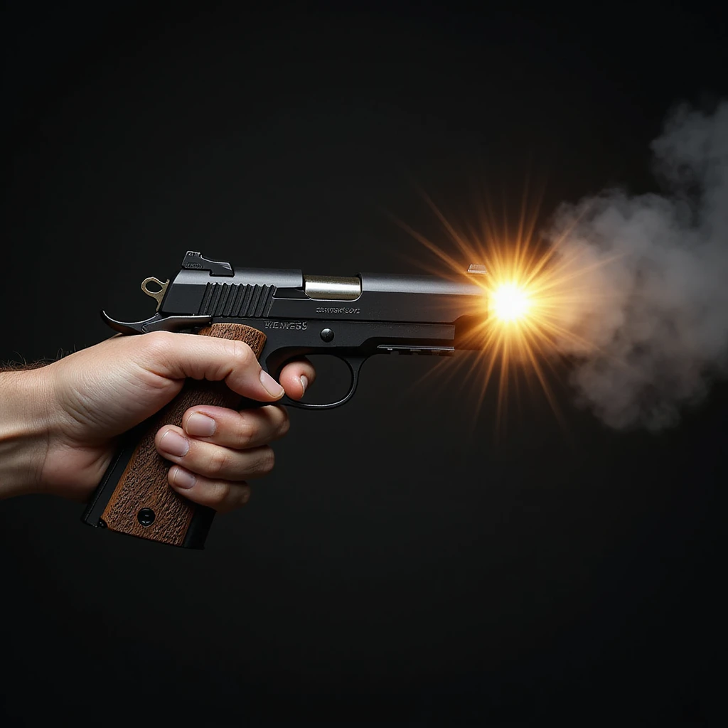 a realistic handgun firing a bullet, with muzzle flash and smoke coming out of the barrel, photorealistic style emoji
