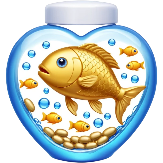 Golden omega-3 fish oil capsule with small fish swimming around it, blue liquid waves, brain and heart benefits visualization emoji