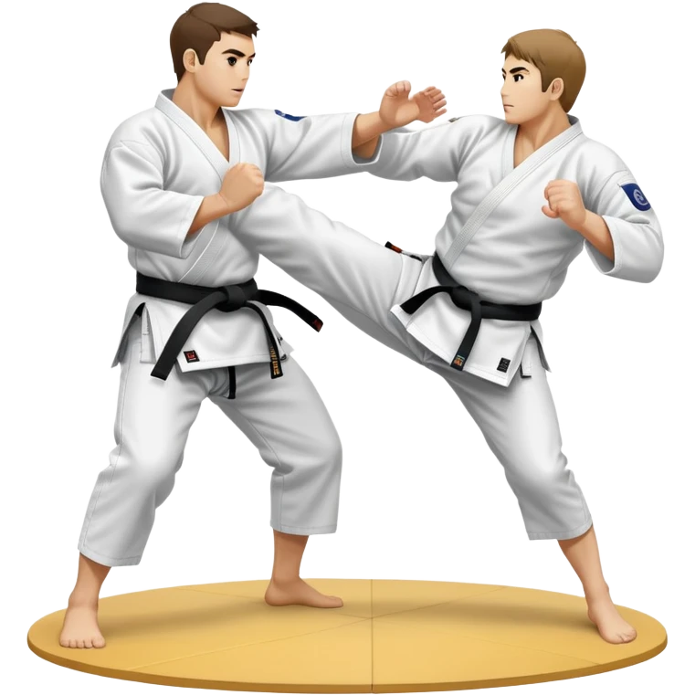 Two judo practitioners in traditional gi, one executing a powerful throw while the other is countering with a defensive move. The background features a judo mat and a focused dojo atmosphere. Transparent background highlights the precision and technique of judo. emoji