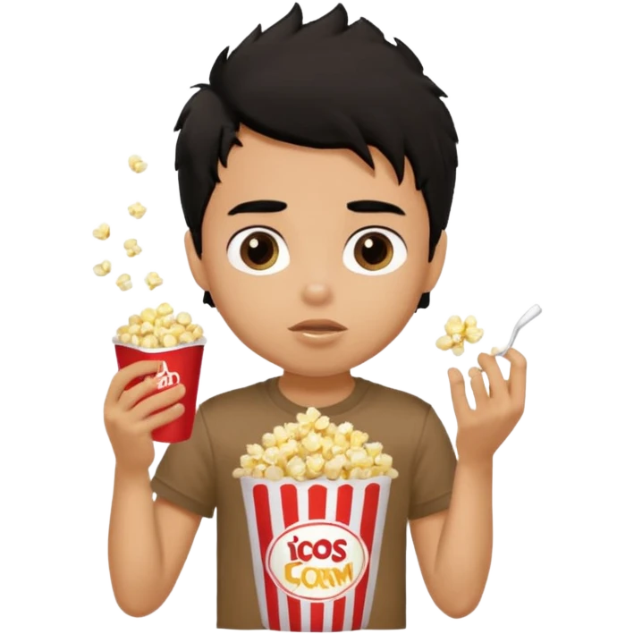 generate a pretty tan bratz boy with a brown tshirt on. eating a popcorn. messy black hair emoji