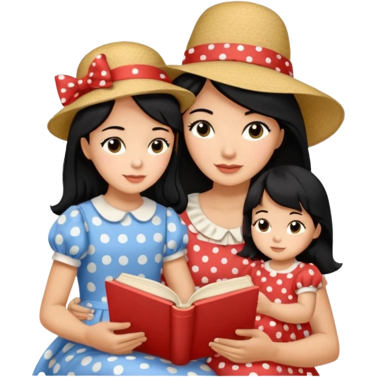 A black hair mother in a ribboned hat wearing polka dot dress reading a storybook to her child. emoji