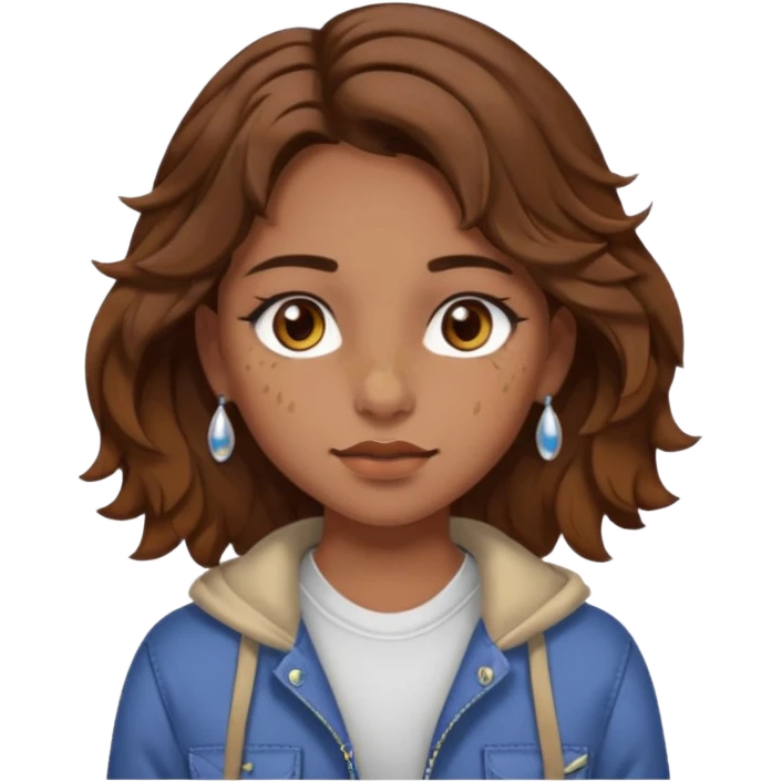 girl with wavy hair, almond shaped eyes, birthmark near her eye, tan, with lots of swag, cool, piercings  emoji