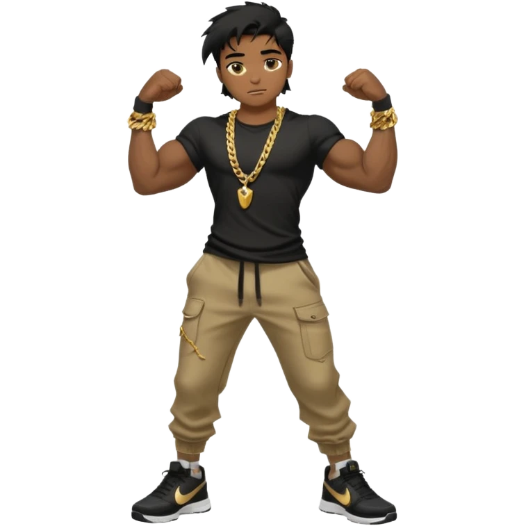 full side body view of muscular teen boy with veiny hands arms and biceps. has messy black hair with dark-tan skintone with black tshirt. has gold chain and nike shoes with baggy pants emoji