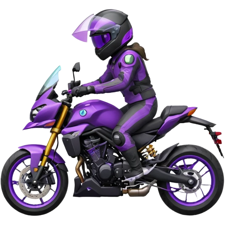 Créer un emoji copiable sur mon système iOS avec une moto mt07 noir mate / violet plus foncé que tu as et iridescent. le style de la mt07 doit être en sport. Avec pilote dessus visière violet bulle de la moto violet aussi. Avec fond arrière  violet  emoji