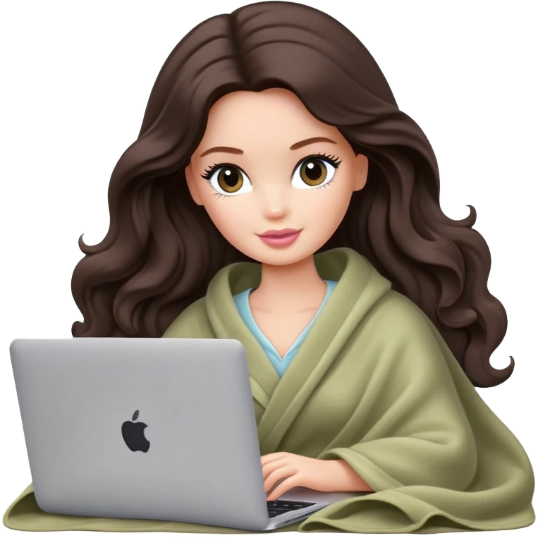 Barbie girl with a long wavy dark brown hair inside a pale olive blanket working macbook  emoji