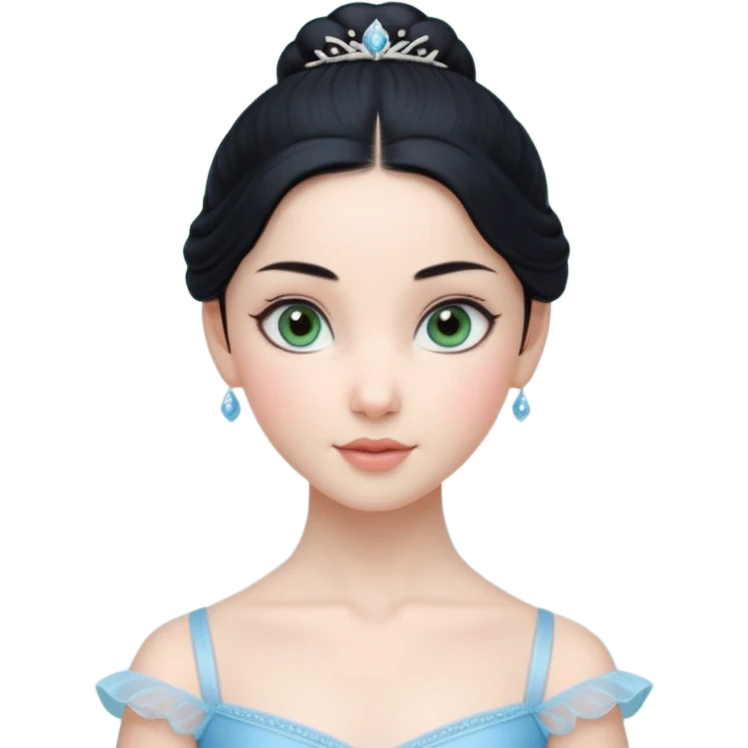 Cinematic Realistic ballerina Medium Blue Portrait, depicted with lifelike skin texture, subtle rosy undertones, and soft natural lighting that enhances the gentle contours of her face. Her intricately detailed sweet black hair is elegantly styled, green eyes emoji