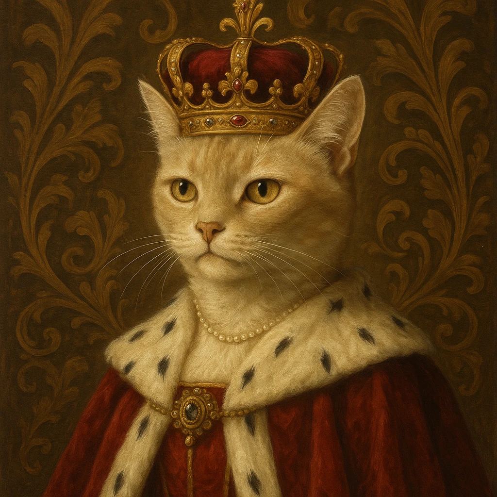 queen cat, elegant cat with royal cape and crown, dignified expression, ornate background emoji