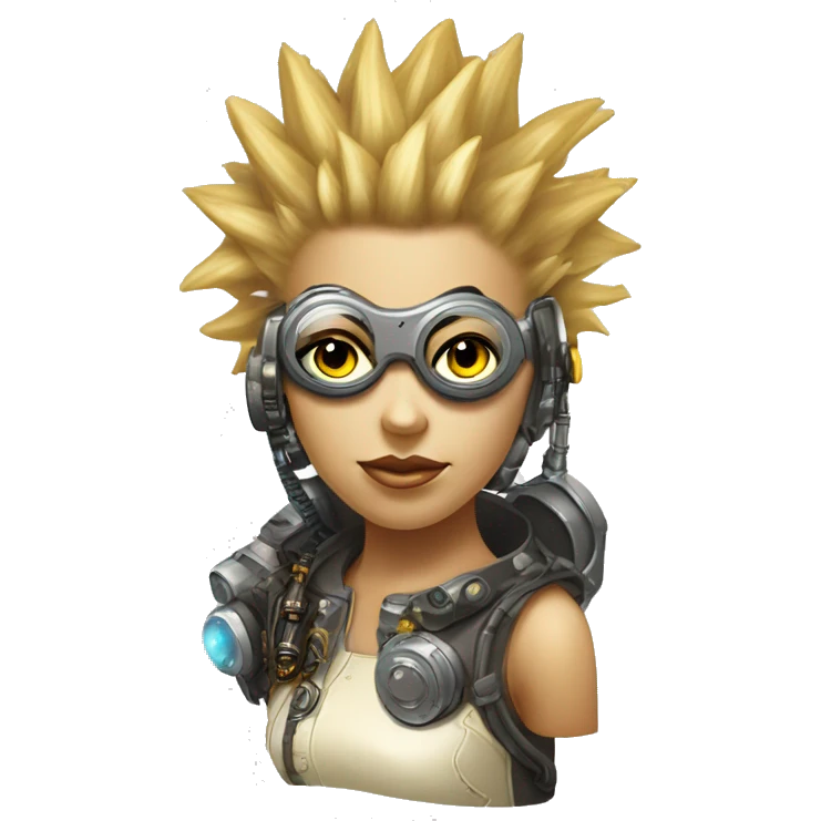 Light yellow Mohawk hair female cyborg head, tan skin, steampunk goggles and circuits emoji
