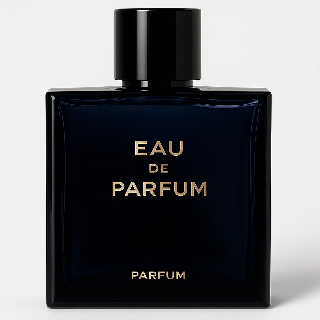 Create a high-quality, photorealistic illustration of a perfume bottle inspired by Bleu de Chanel Parfum. The bottle should have deep blue glass, a square shape, a black cap, and gold text in a similar elegant style but without any brand names or logos. The finish should be premium and elegant, with a white background. Use the provided reference image for details. emoji