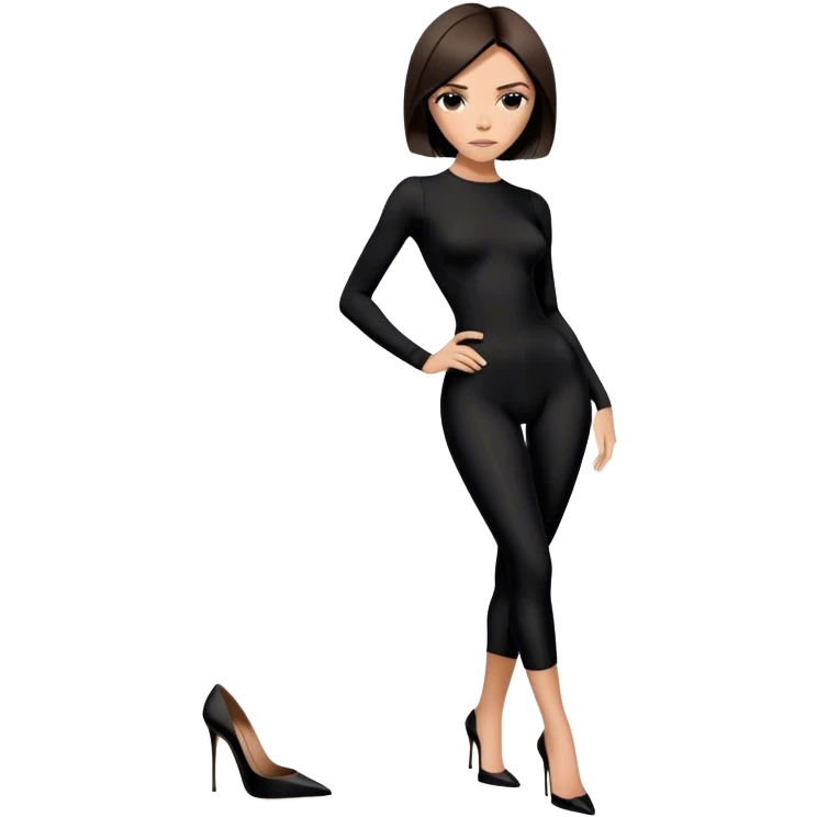 Victoria Beckham with short dark brown bob haircut, black bodysuit wearing black heels emoji