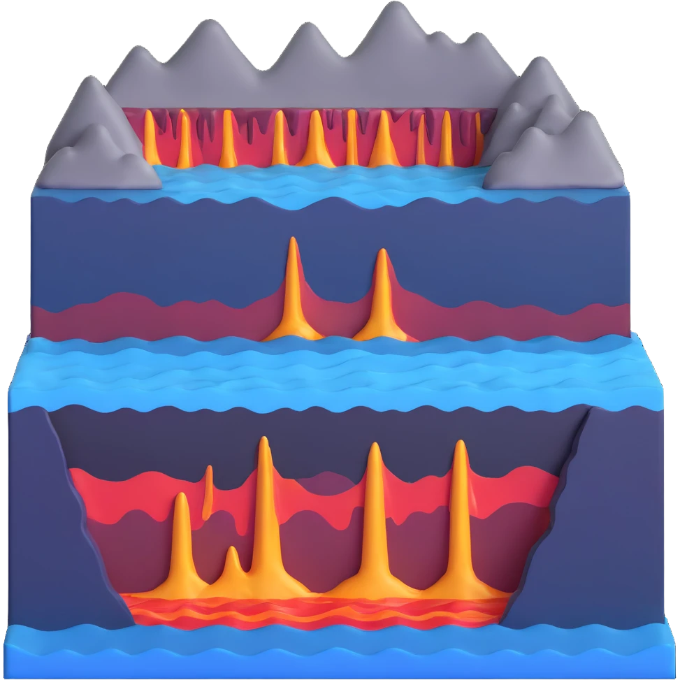 Cross-section of seafloor spreading with magma rising at mid-ocean ridge emoji