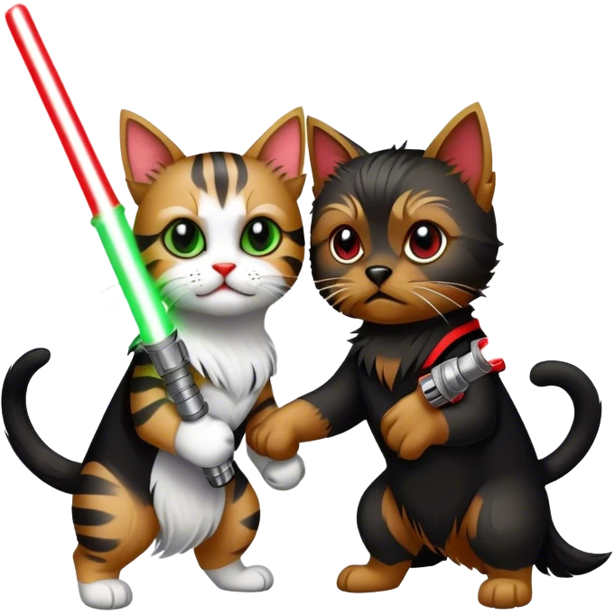 yorkshire terrier with green lightsaber fighting a black and white cat with a red lightsaber emoji