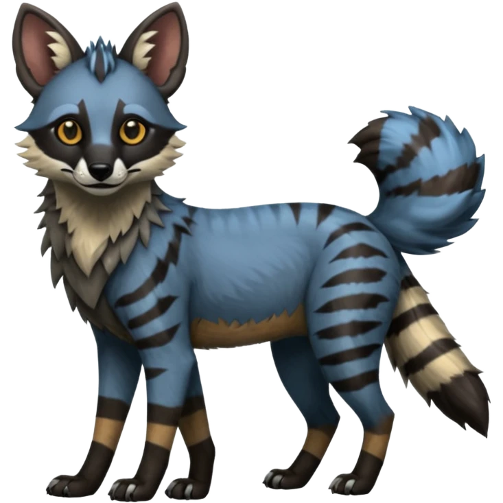 Realistic edgy bluish greyish blackish whitish silvery coppery Shiny Colorful Dusky Dark Gloomy Glossy Aardwolf-Maned-Wolf-Genet-Lion-Bobcat-fusion-animal-hybrid-creature, full body, tufted ears, long thin tufted tail emoji