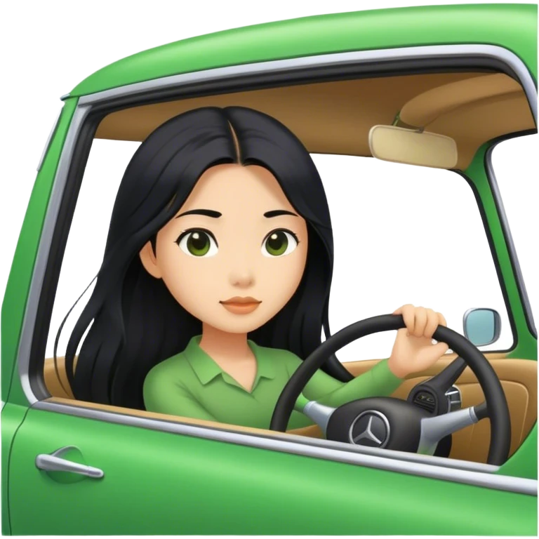 Long hair asian girl driving on her way in a green car  emoji