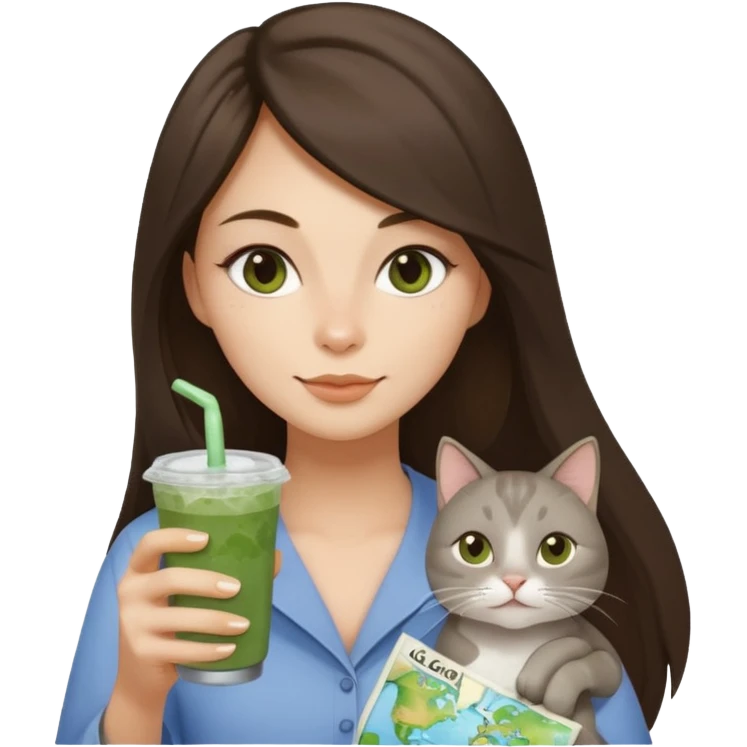 a brunette woman with long hair in here 30S drinking an iced matcha, carrying a grey cat and a map of the world emoji