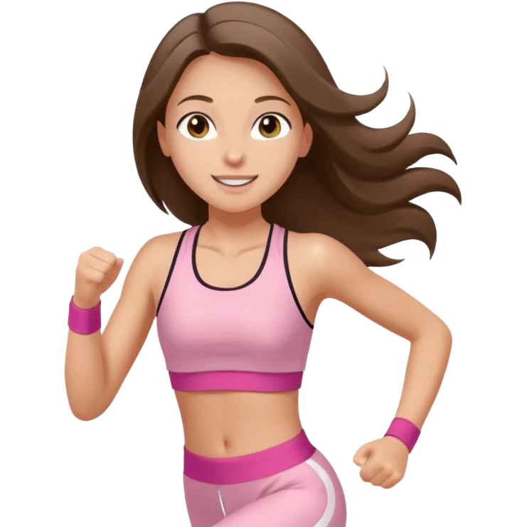 white happy brunette teen long hair with hazel eyes in light pink workout clothes jogging through race finish line emoji