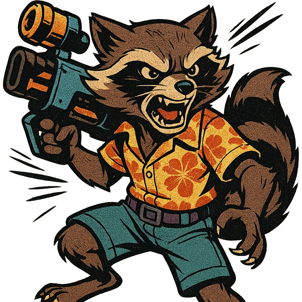 Rocket Raccoon Marvel Rivals summer skin, comic book style, angry expression, transparent background emoji