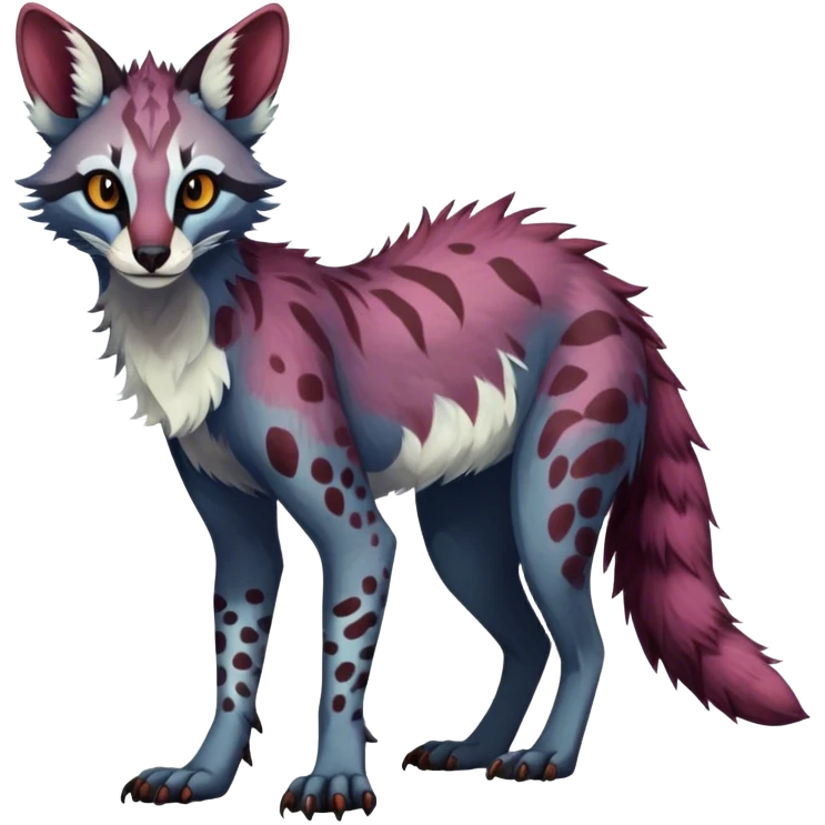 Feral Rare Fantasy dark vibrant warm-colored Vernid-Sergal-Genet-species by LiLaiRa, random markings, tufted ears, full body, 4 legs emoji