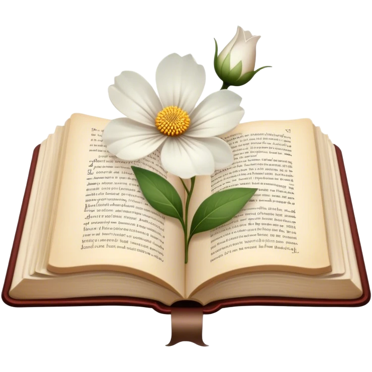 Icon for Poetry Reading: an open book with flowing, elegant verses on the pages, surrounded by a delicate flower. The icon should evoke the beauty and emotion of poetry. Transparent background. emoji