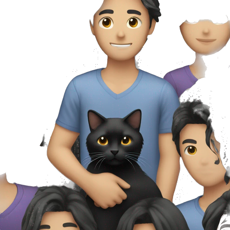 Long haired Asian man holding black cat emoji