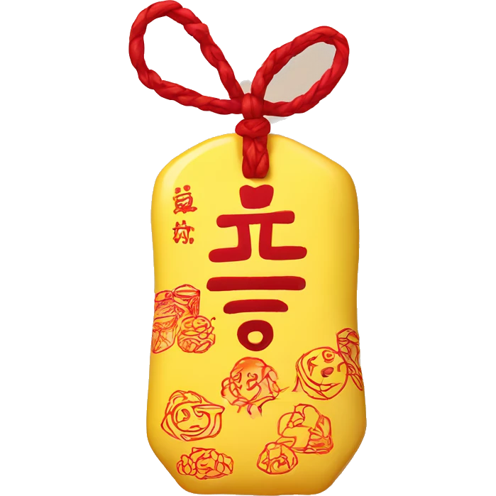 yellow omamori with red drawings and letters emoji