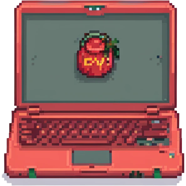 closed red laptop with 'cmv' logo on the lid, pixel art style emoji