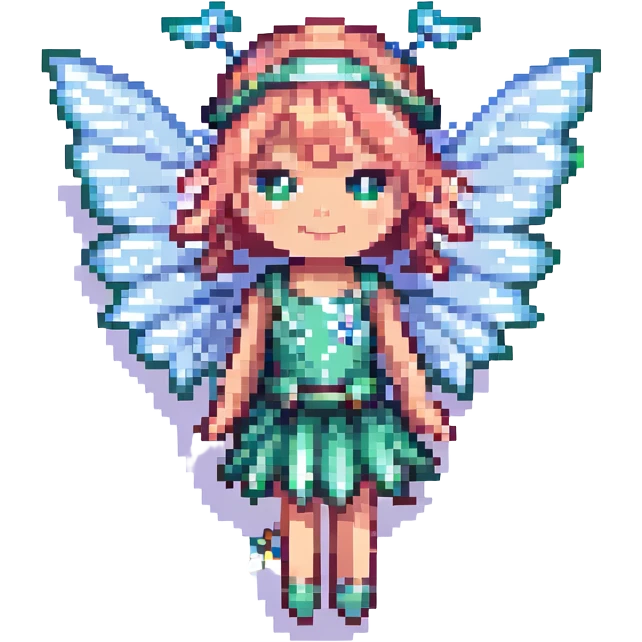 a cute fairy with sparkling wings, pixel art style emoji