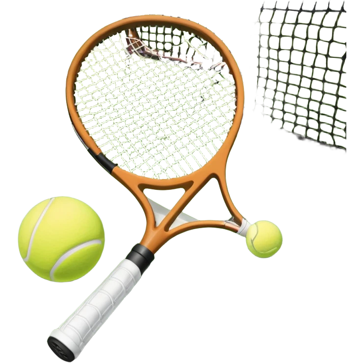 A tennis racket and ball positioned on a grass court, with the net and lines clearly visible in the background. The scene emphasizes the classic elements of the sport, capturing the energy and precision of a tennis match. emoji