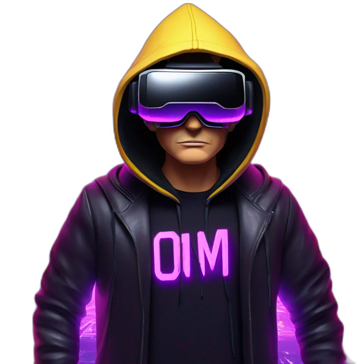 Donald Trump wearing a black hoodie with "OMG" letters on it and VR headset in a cyberpunk VR environment with violet neon lighting. emoji