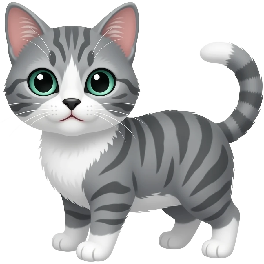A grey tabby kitten with a black nose, a white muzzle, white chest and white belly, white paws, a white tip on the end of its tail and dark teal green eyes. emoji