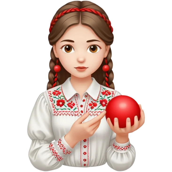 Ukrainian young girl in a white embroidered shirt holds a red ball of thread in her hand emoji
