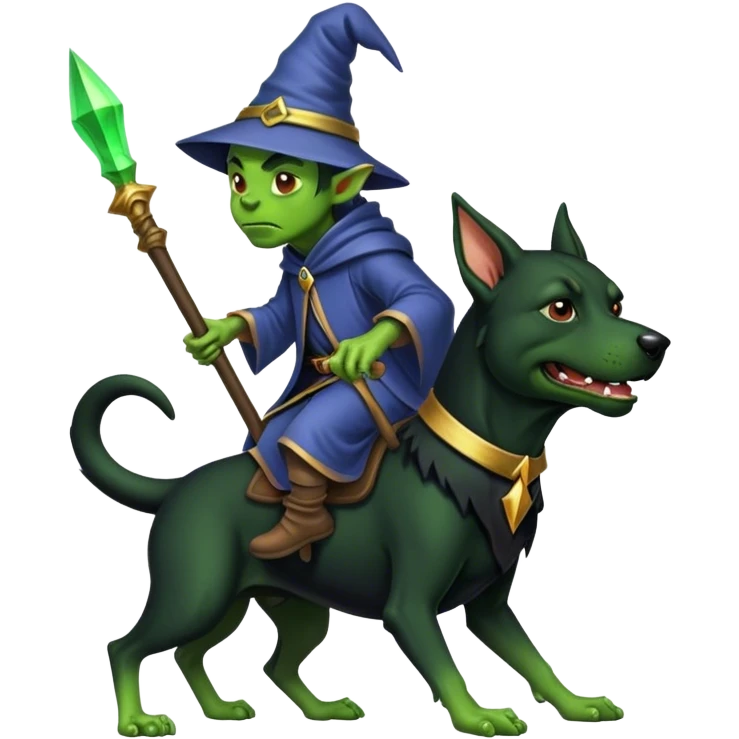 A goblin wizard riding a black hound dog  emoji