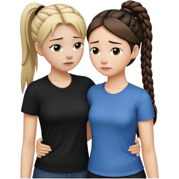 Comforting Hug two white skin women, one shorter woman with medium brown simple top ponytail, not braided, and one taller skinny sad face woman with a single long black side braid emoji