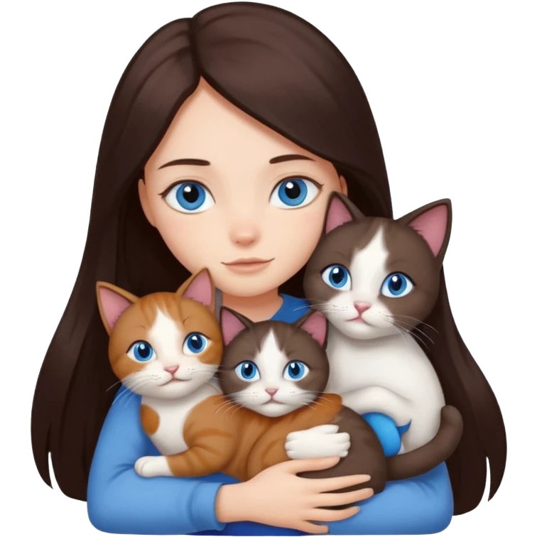 a girl with long dark 
brown hair, with blue eyes, hugs 3 different natural coloured cats emoji