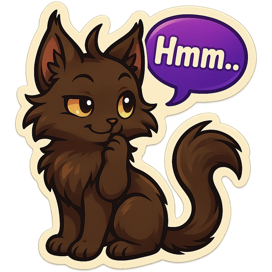 a dark-brown fluffy cute kawaii anime cat with tufted ears and a long thin tufted tail, thinking, smirking thoughtfully, saying “Hmm..” with a purple speech bubble, (cartoon style) (furry style) (deviantArt style) (artist style: Kamirah) emoji