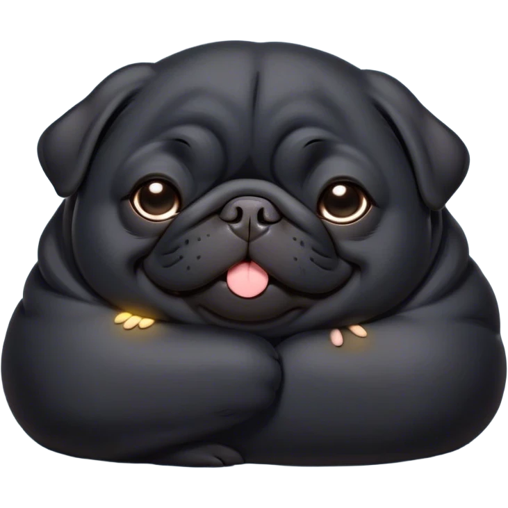 Cinematic Meme-Worthy Chubby Sleeping Black Pug Portrait Emoji, Head resting peacefully with a contented smile, showcasing a delightfully chubby build and a luxuriously soft black coat, eyes shut in a serene nap, Simplified yet hilariously adorable features, highly detailed, glowing with a soft, drowsy light, high shine, relaxed and utterly lovable, stylized with an air of playful laziness, bright and heartwarming, soft glowing outline, capturing the essence of a comically sleepy companion, so meme-worthy it feels like it could instantly become the next viral sensation of adorable slumber! emoji
