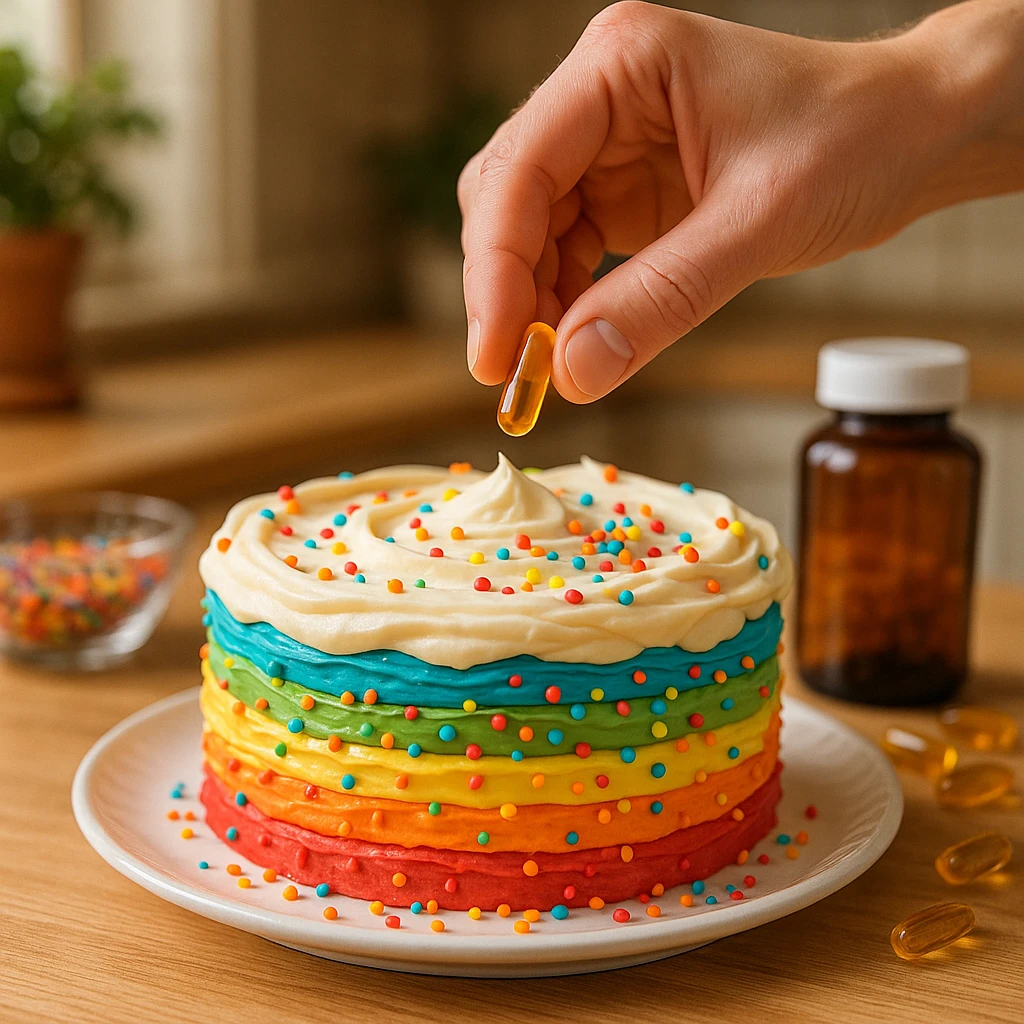 realistic style, joyful atmosphere, hand adding a dietary supplement capsule on a colorful cake, detailed, home kitchen emoji