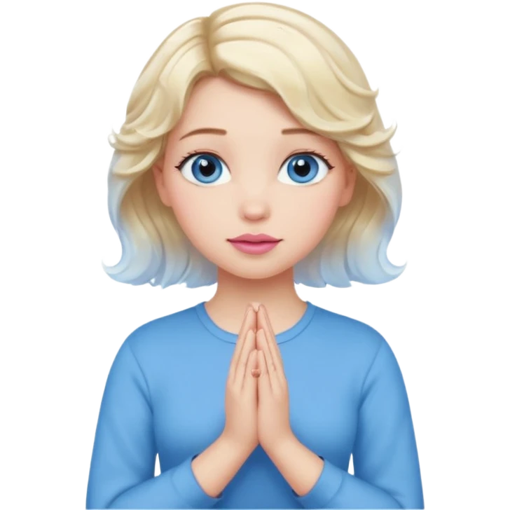 Girl Blonde short wavy hair,  blue eyes, cute blue top, long lashes, pink lips, praying hands emoji