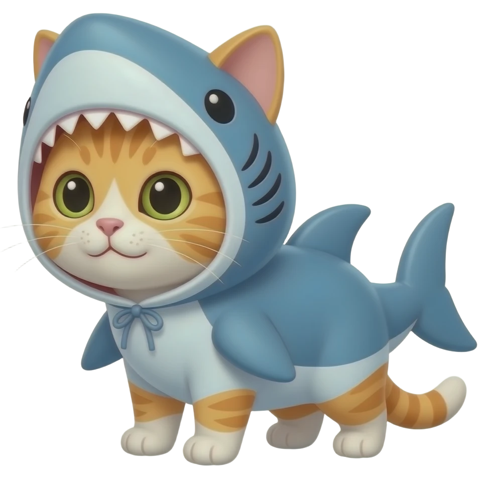 Um gatinho laranja e branco malhado vestido de tubarão emoji