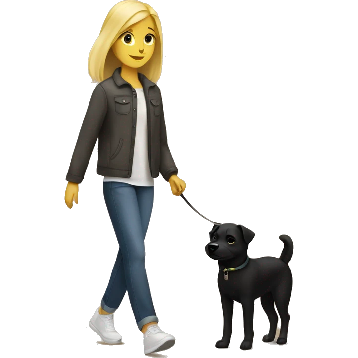 Blond teen girl walking  small black dog emoji